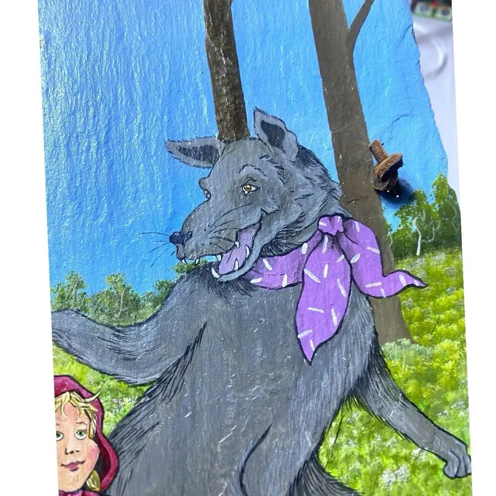 Vintage Hand Painted Little Red Riding Hood Wolf Slate Rock Wall Hanging Decor